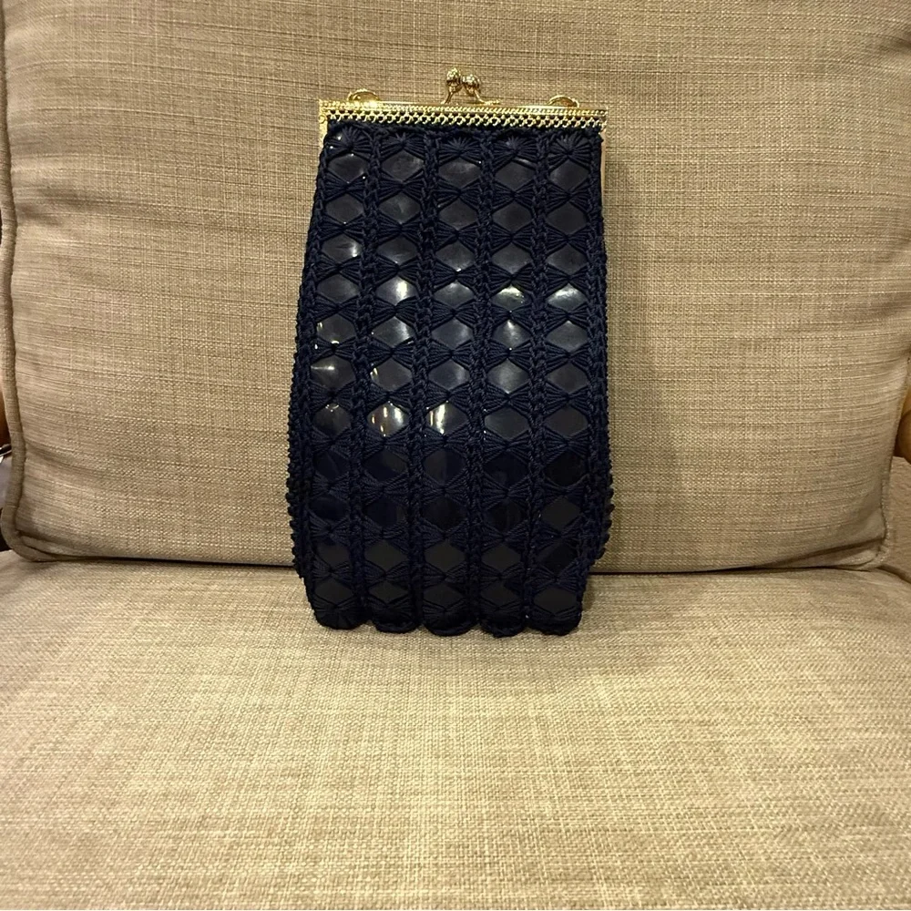 Vintage Crochet Navy Blue Gold Chain Kiss Lock Bag by Solar LTD Italy